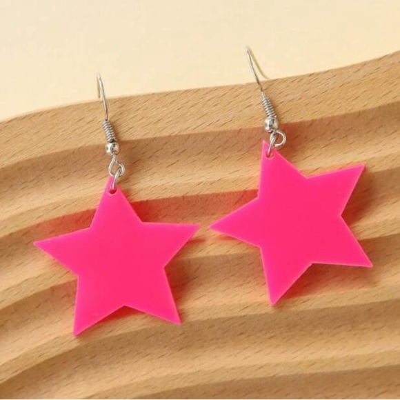 Pink Acrylic Star Silver Hook Earrings - Picture 5 of 14